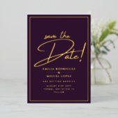 Real GOLD Foil Plum Paars Save the Date Wedding Folie Uitnodiging (Staand Voorkant)