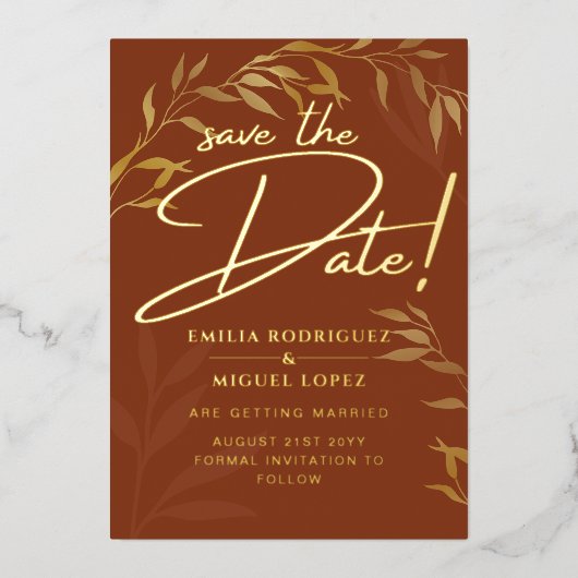 Real GOLD FOIL Terracotta Save the Date Wedding Folie Uitnodiging (Voorkant)