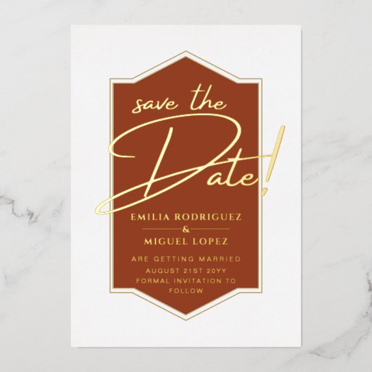 Real GOLD Foil Terracotta Save the Date Wedding Folie Uitnodiging (Voorkant)