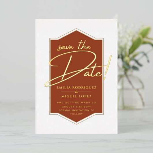 Real GOLD Foil Terracotta Save the Date Wedding Folie Uitnodiging (Staand Voorkant)
