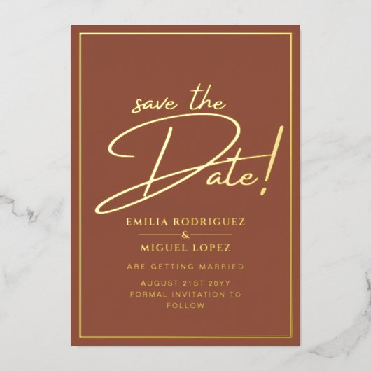 Real GOLD FOIL Terracotta Save the Date Wedding Folie Uitnodiging (Voorkant)