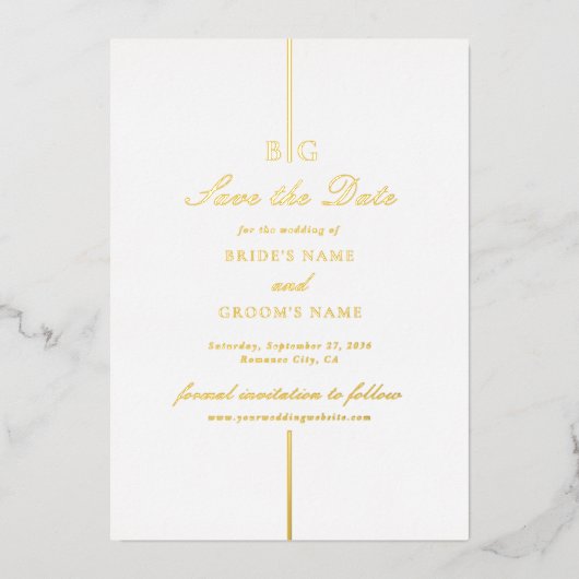 Real Gold Folie Monogram Trouwen Save the Date Folie Uitnodiging (Voorkant)