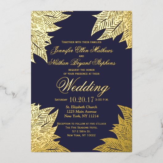 Real Gold Leaves Navy Blue Wedding Folie Uitnodiging (Voorkant)