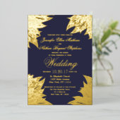 Real Gold Leaves Navy Blue Wedding Folie Uitnodiging (Staand Voorkant)