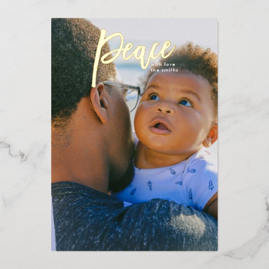 Real Gold Lettering Peace - kerstfoto Folie Feestdagenkaart (Voorkant)
