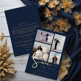 Real Gold Modern Collage in Navy Blue Fancy Script Folie Uitnodiging