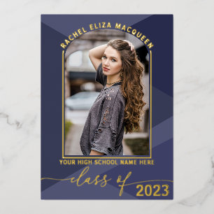 Real Gold Navy Blue Geometric Photo Afstuderen Folie Uitnodiging