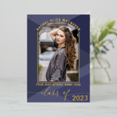 Real Gold Navy Blue Geometric Photo Afstuderen Folie Uitnodiging (Staand Voorkant)