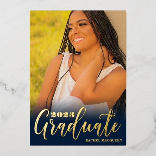 Real Gold Navy Blue Three Photo Graduparty Folie Uitnodiging (Voorkant)