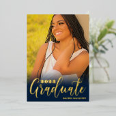 Real Gold Navy Blue Three Photo Graduparty Folie Uitnodiging (Staand Voorkant)
