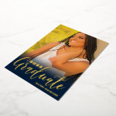 Real Gold Navy Blue Three Photo Graduparty Folie Uitnodiging (Gedraaid)