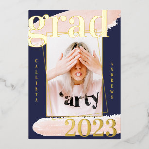 Real Gold Pink Blue Waterverf Foto Afstuderen Folie Uitnodiging