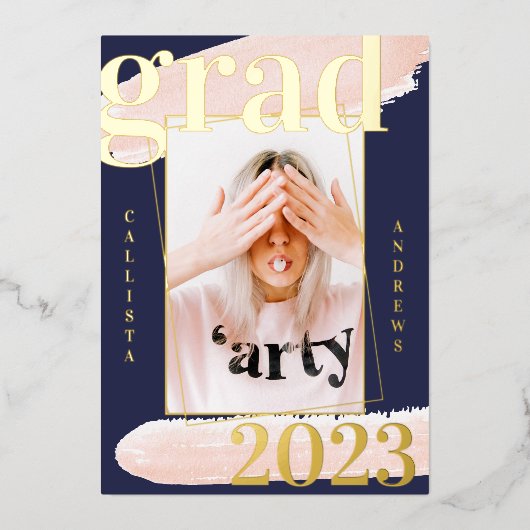 Real Gold Pink Blue Waterverf Foto Afstuderen Folie Uitnodiging (Voorkant)