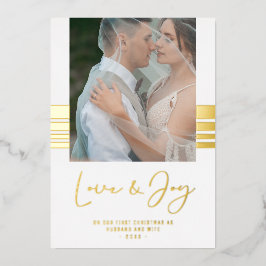 Real Gold Stripes Photo Newlyweds First Christmas Folie Feestdagenkaart
