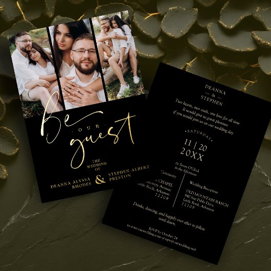 Real Golden Be our Guest Collage Wedding 3 Photos Folie Uitnodiging