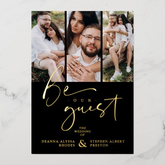 Real Golden Be our Guest Collage Wedding 3 Photos Folie Uitnodiging (Voorkant)