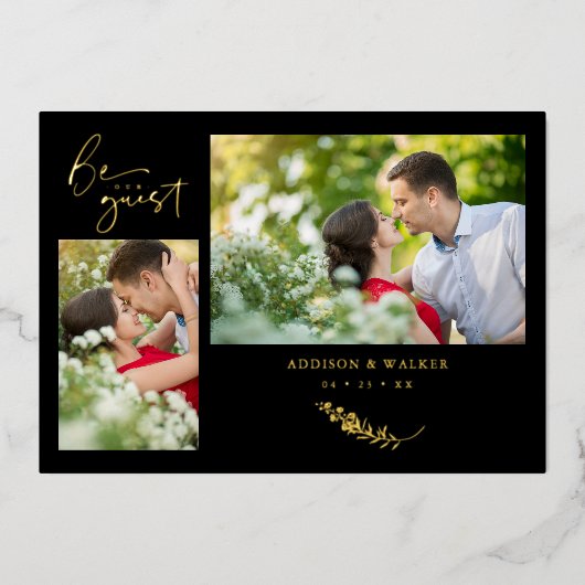 Real Golden Black Trendy Branches Wedding 2 Photos Folie Uitnodiging (Voorkant)