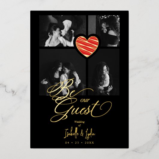 Real Golden Luxury Red Heart 4 photos Trendy Folie Uitnodiging (Voorkant)