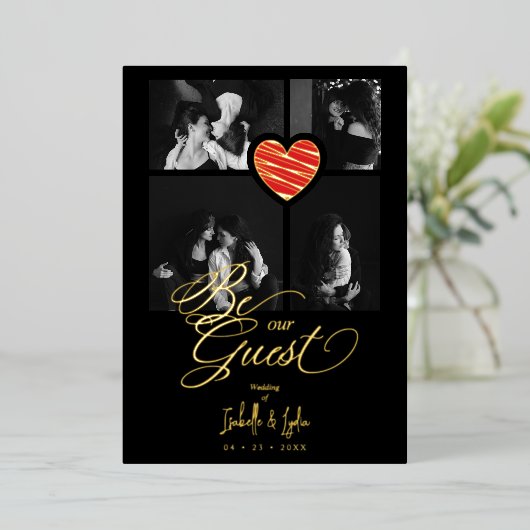Real Golden Luxury Red Heart 4 photos Trendy Folie Uitnodiging (Staand Voorkant)