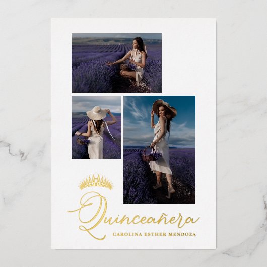 Real Golden Tiara Minimalist Quinceañera Spaans Folie Uitnodiging (Voorkant)