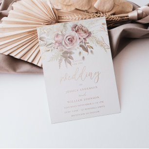 Real Roos Gold Blush Floral Wedding Folie Uitnodiging