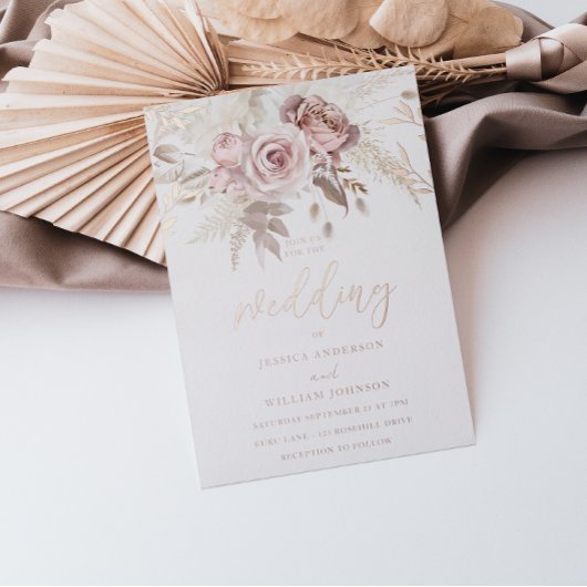 Real Roos Gold Blush Floral Wedding Folie Uitnodiging
