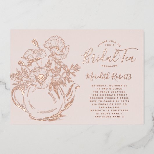 Real Roos Gold Floral Teapot Vrijgezellenfeest Tea Folie Uitnodiging (Voorkant)