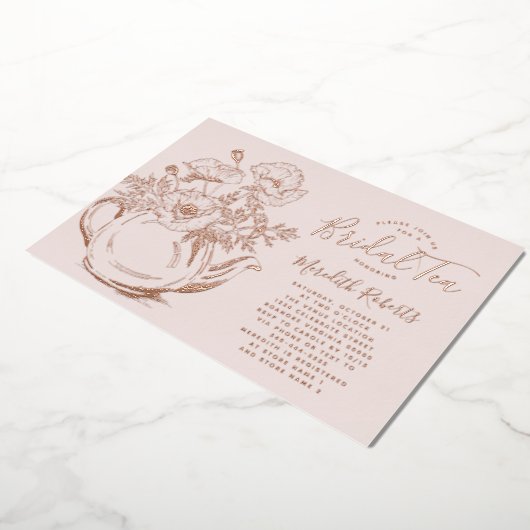 Real Roos Gold Floral Teapot Vrijgezellenfeest Tea Folie Uitnodiging (Gedraaid)