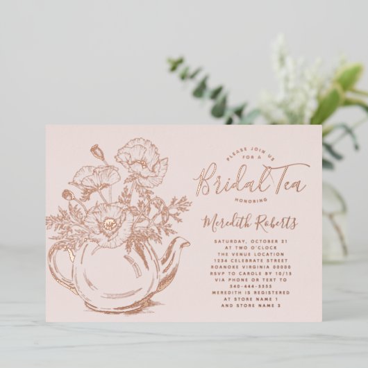 Real Roos Gold Floral Teapot Vrijgezellenfeest Tea Folie Uitnodiging (Staand Voorkant)