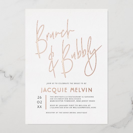 Real Roos Gold Foil Brunch & Bubble Vrijgezellenfe Folie Uitnodiging (Voorkant)