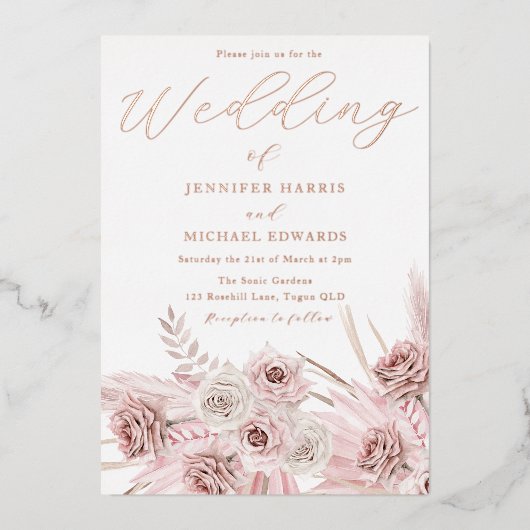 Real Roos Gold Foil Dusty Roos Boho Wedding Folie Uitnodiging (Voorkant)