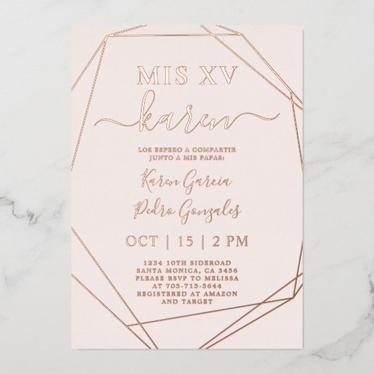 Real Roos Gold Foil Quinceañera Uitnodiging (Voorkant)