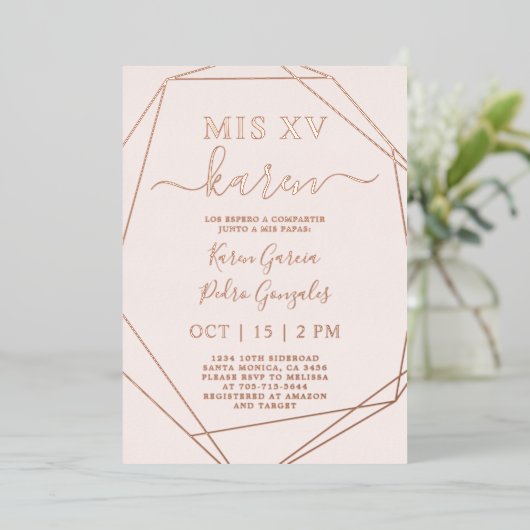 Real Roos Gold Foil Quinceañera Uitnodiging (Staand Voorkant)