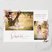 Real Roos Gold Quinceañera Trendy Branches Spaans Folie Uitnodiging (Voorkant)