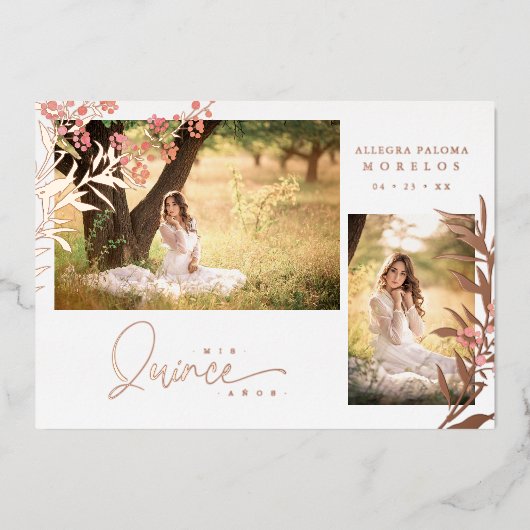 Real Roos Gold Quinceañera Trendy Branches Spaans Folie Uitnodiging (Voorkant)