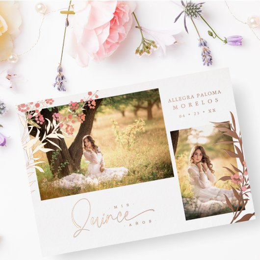 Real Roos Gold Quinceañera Trendy Branches Spaans Folie Uitnodiging