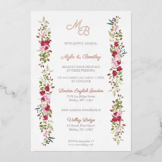 Real Rose Gold Red and Pink Floral Garland Initial Folie Uitnodiging (Voorkant)