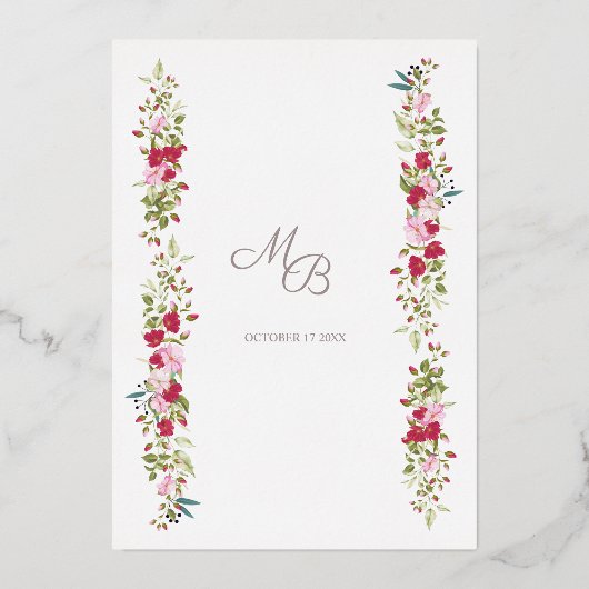 Real Rose Gold Red and Pink Floral Garland Initial Folie Uitnodiging (Achterkant)