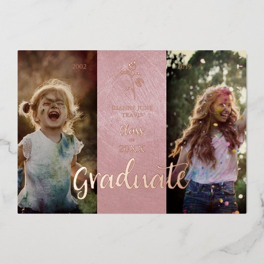 Real Rose Gold Then & Now Graduation Photo Folie Uitnodiging (Voorkant)