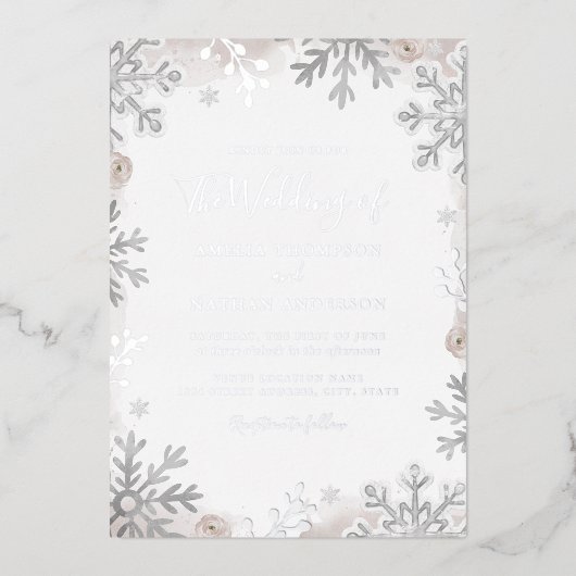 REAL SILVER FOIL Blush Snowflake Weddenschap Folie Uitnodiging (Voorkant)
