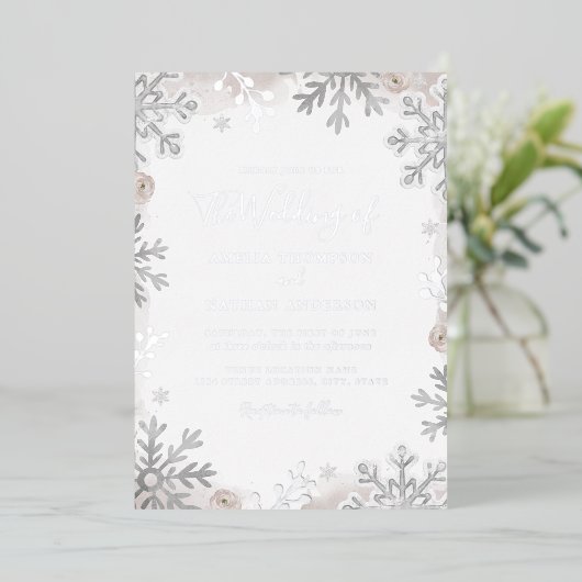 REAL SILVER FOIL Blush Snowflake Weddenschap Folie Uitnodiging (Staand Voorkant)