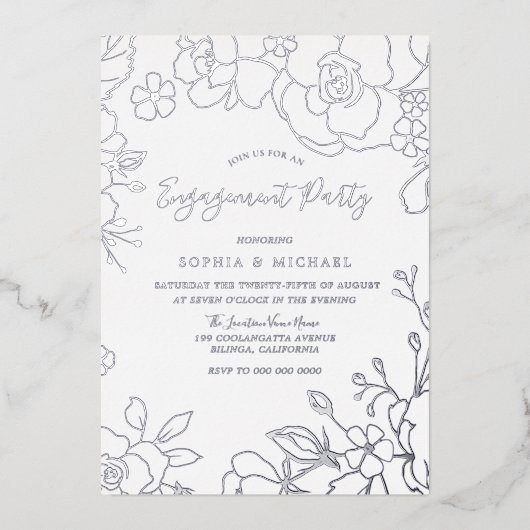 Real Silver Foil Flowers Engagement Party Elegant Folie Uitnodiging (Voorkant)