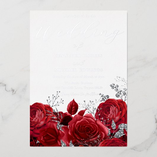 Real Silver Foil Red Roses Wedding Folie Uitnodiging (Voorkant)