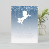 Real Silver Foil Unicorn Girly Birthday (ELK) Blue Folie Uitnodiging (Staand Voorkant)
