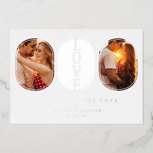 Real Silver Love Quote Wedding 2 Photos Couple Folie Uitnodiging (Voorkant)