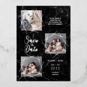 Real Silver Three Photos Dog Wedding Faux Marble Folie Uitnodiging (Voorkant)