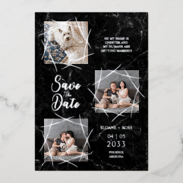 Real Silver Three Photos Dog Wedding Faux Marble Folie Uitnodiging
