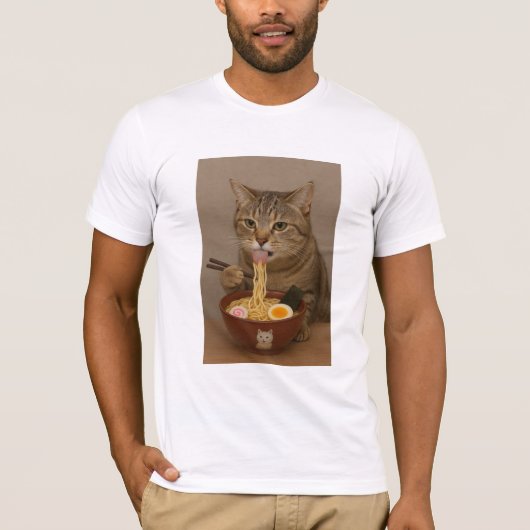 Realistic Funny Cat Eating Ramen | Graphic Tee T-shirt (Voorkant)