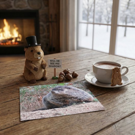 Realistic Groundhog Sitting By Burrow Nature Photo Briefkaart