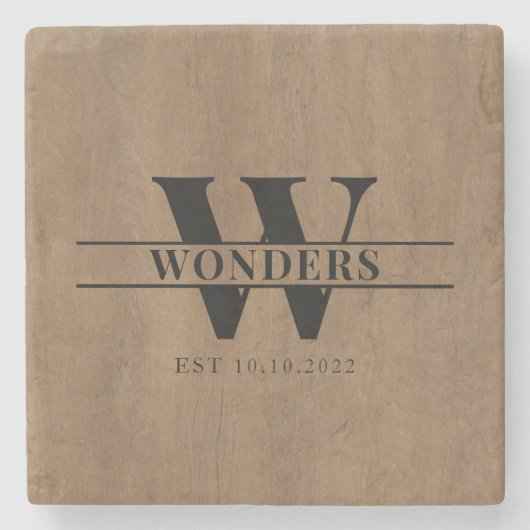 Realistic medium Wood Grain Monogram Wedding Stenen Onderzetter (Voorkant)